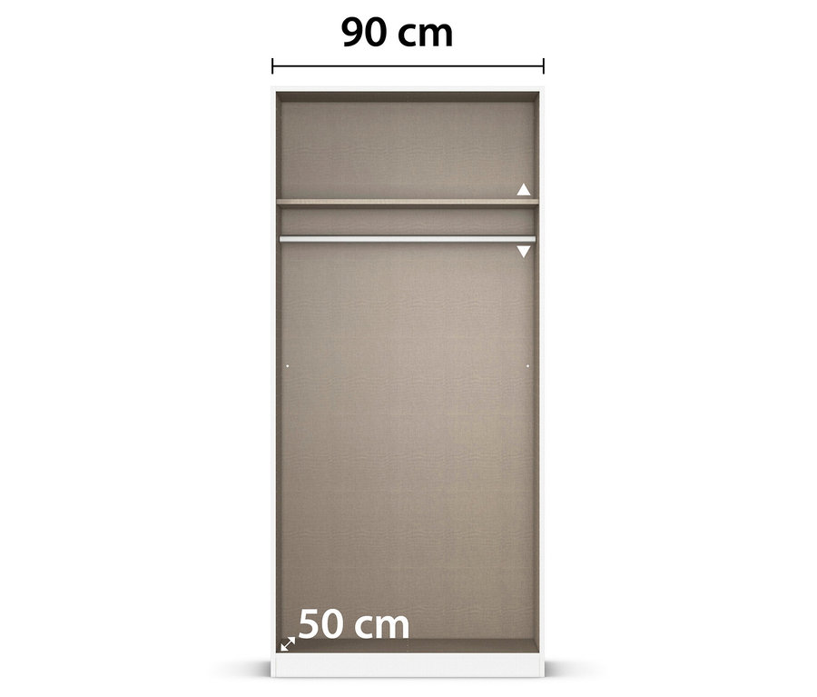Illustration eines braunen Schranks mit den Maßen 90 cm x 50 cm.