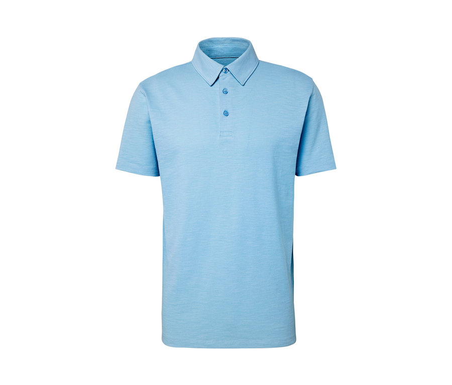 Blaues Poloshirt.