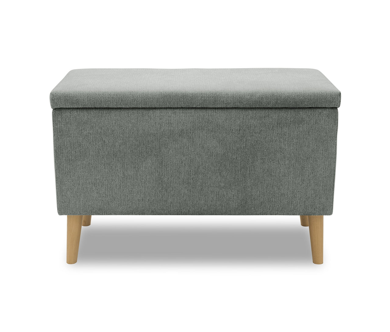 Grauer DOMO Hocker mit Staufach auf weißem Hintergrund.