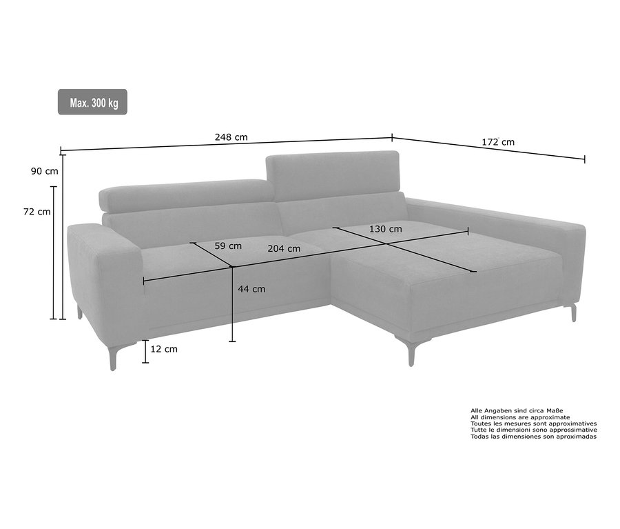 Abmessungen des grauen DOMO collection Sofas, rechts