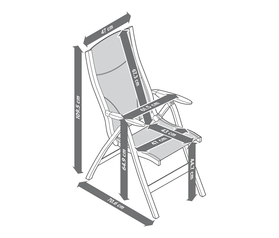 Illustration eines Hochlehners mit verstellbarer Rückenlehne und Maßangaben.