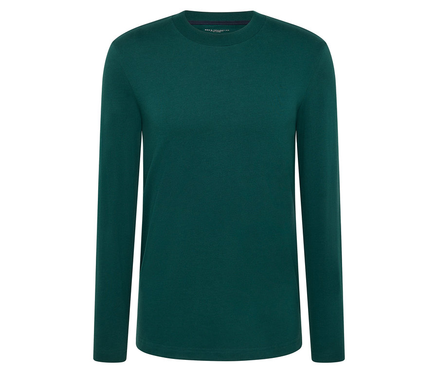 Ein grünes Langarmshirt auf weißem Hintergrund.