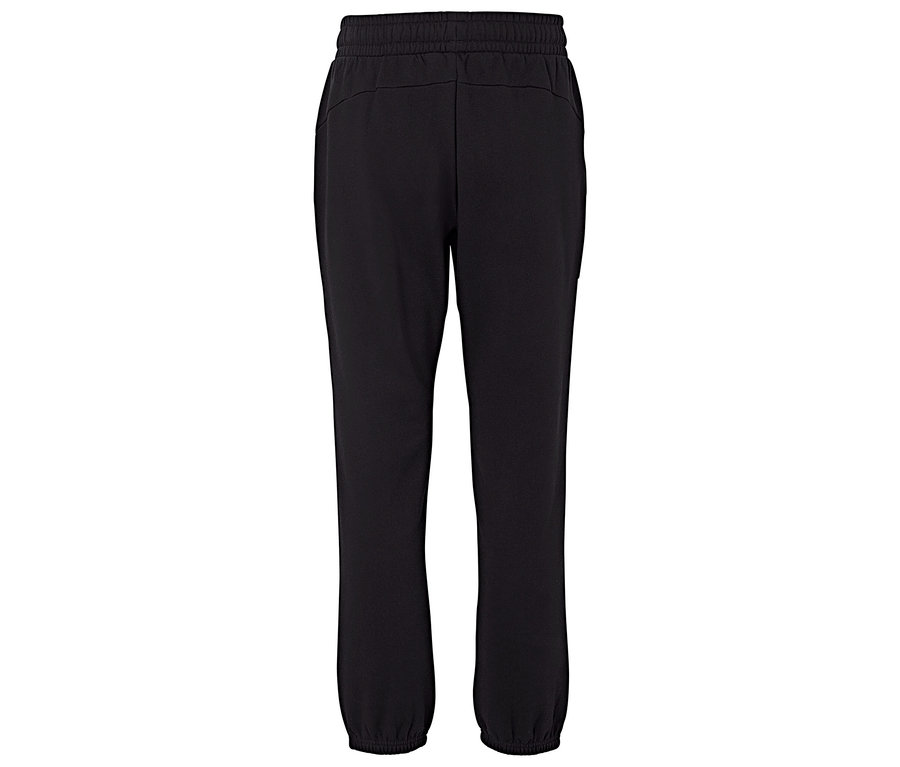 Rückansicht einer schwarzen Trainingshose mit Kordelzug in der Taille und elastischen Bündchen.