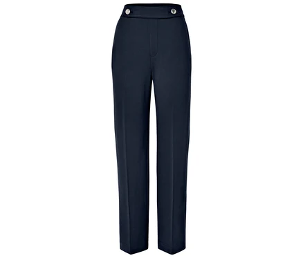 Blaue, hoch taillierte Hose mit Knöpfen.