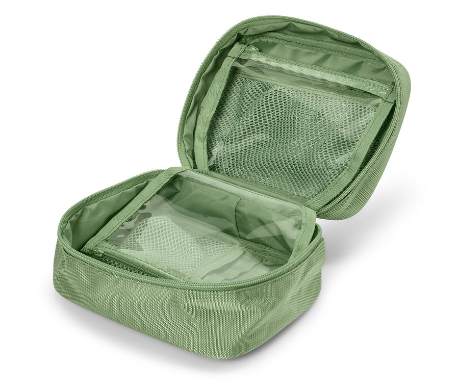 Geöffnete hellgrüne Kosmetiktasche mit Netztasche innen.