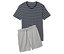 Gestreiftes Kurzarmshirt und graue Shorts mit Kordelzug.