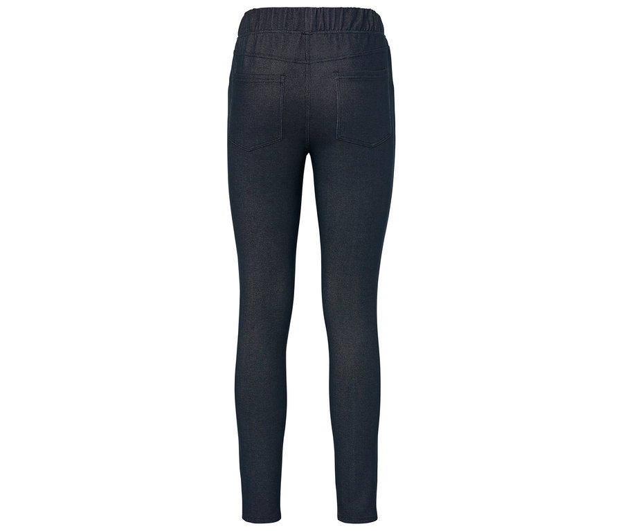 Dunkelblaue Jeansleggings mit elastischem Bund und zwei Gesäßtaschen.
