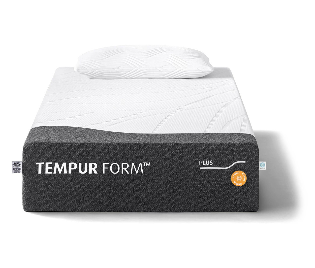 Eine Hybridmatratze TEMPUR Form™ Plus mit einem weißen Kissen darauf.