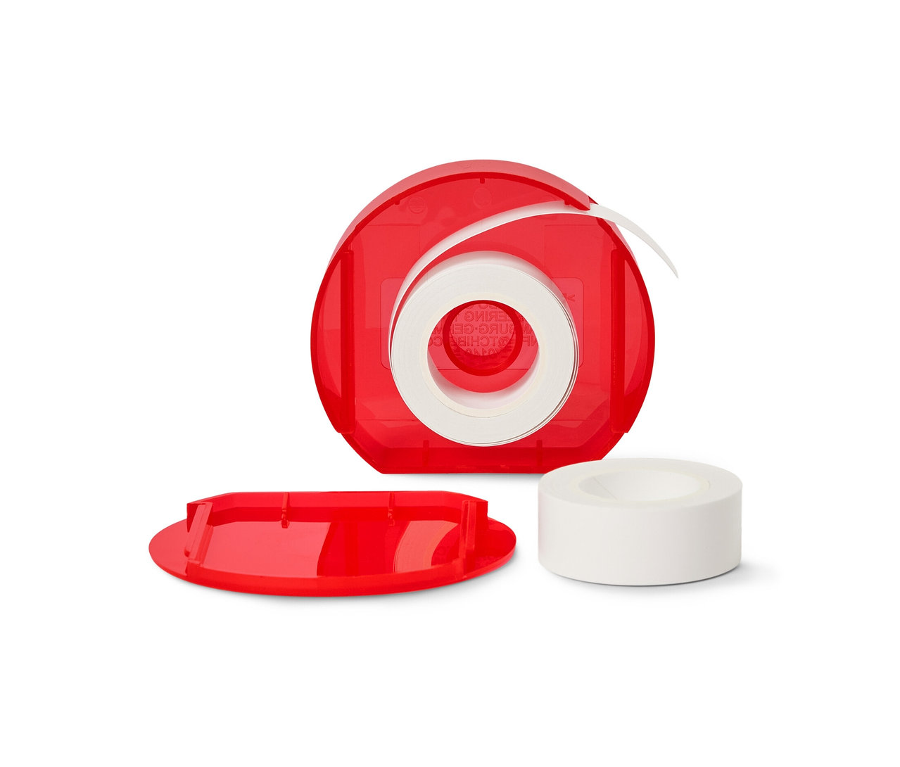 Ein roter Etikettenspender mit einer Rolle weißer Etiketten.