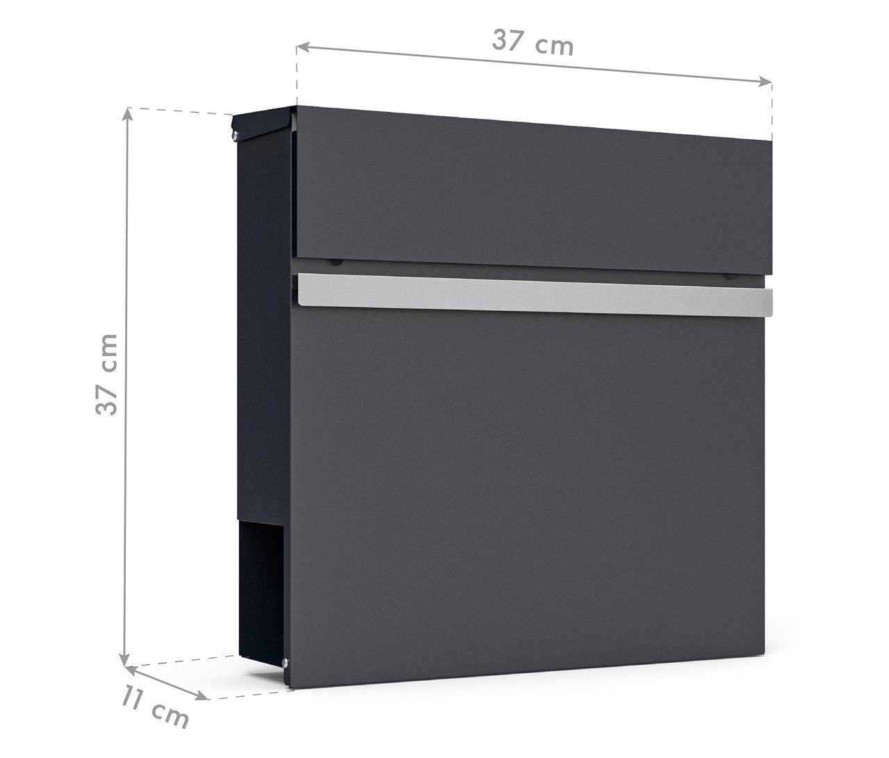 Ein dunkelgrauer, rechteckiger Briefkasten mit silbernem Griff und Maßangaben.