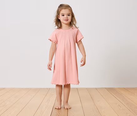 Mädchen steht barfuß auf einem Holzboden und trägt ein rosa Kleid.
