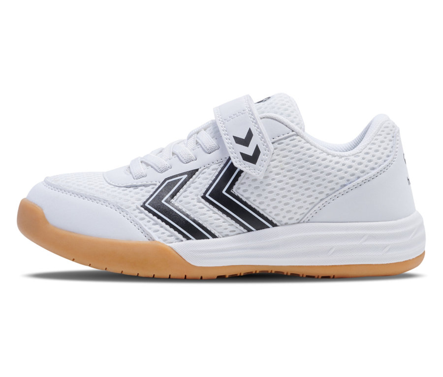 Weißer hummel® Multiplay Flex VC JR Schuh mit Klettverschluss und brauner Sohle.