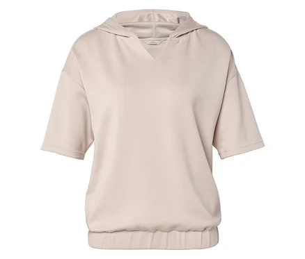 Ein beiger Kapuzenpullover mit kurzen Ärmeln ist auf dem Bild zu sehen.