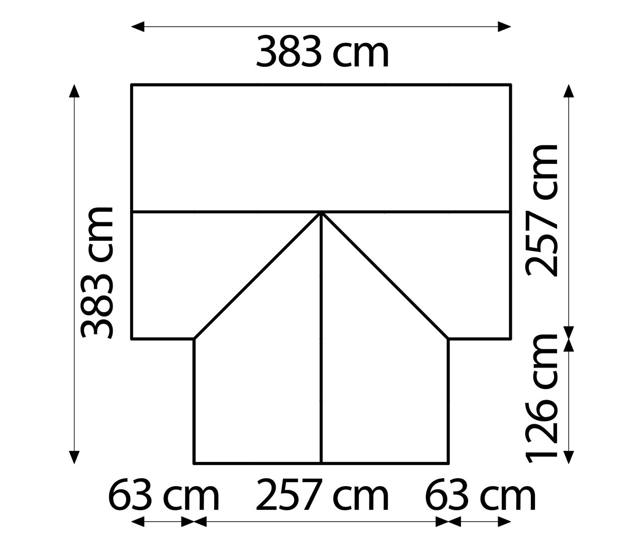 Draufsicht des Vitavia Gewächshauses mit Maßangaben, 383 x 383 cm oben, 257 x 126 cm Seiten, 257 x 63 cm unten.