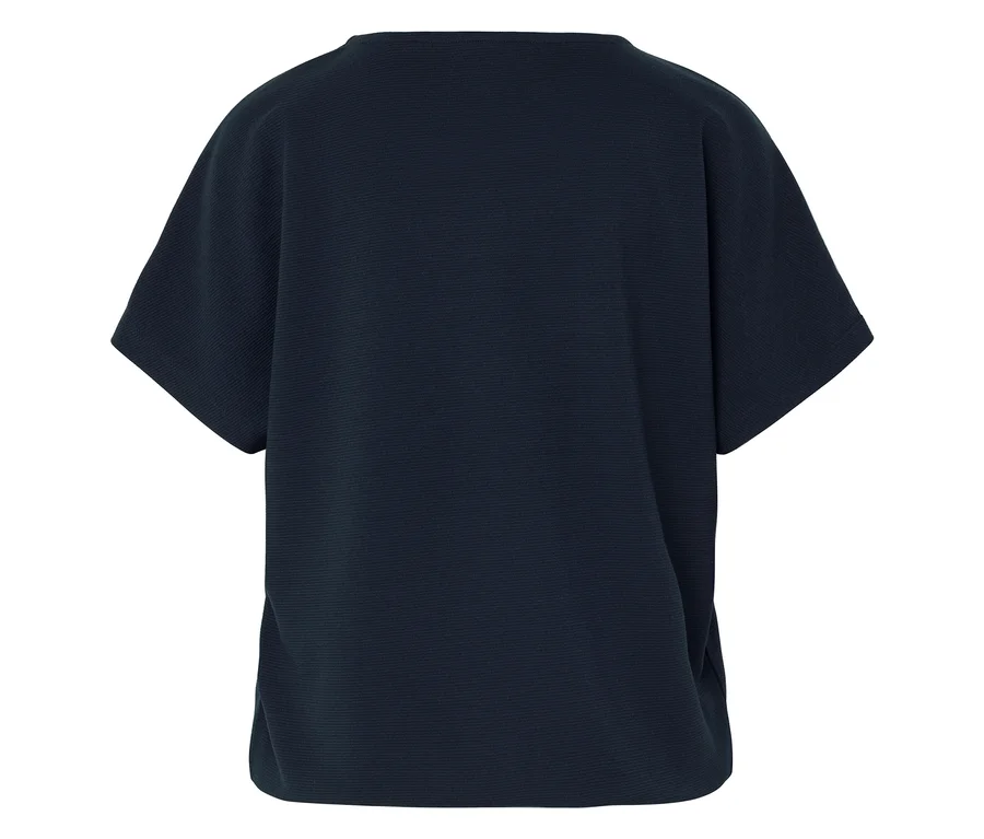 Dunkelblaues T-Shirt mit kurzen Ärmeln, von hinten fotografiert.