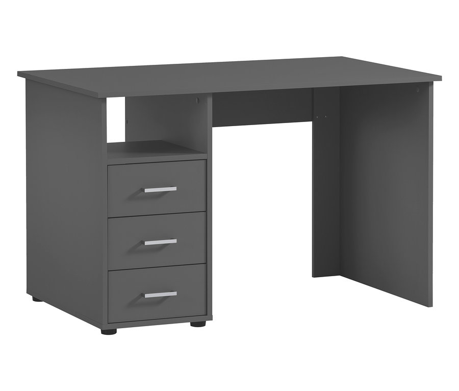 Grauer Schreibtisch mit drei Schubladen und Ablagefach.