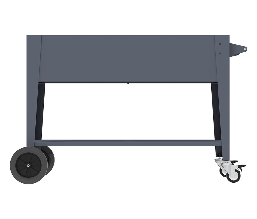 Grauer Grillwagen mit zwei großen Rädern und zwei Rollen.