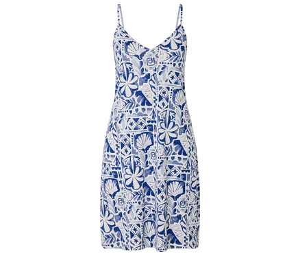 Blau-weißes, ärmelloses Kleid mit Blumen- und Muschelmuster.