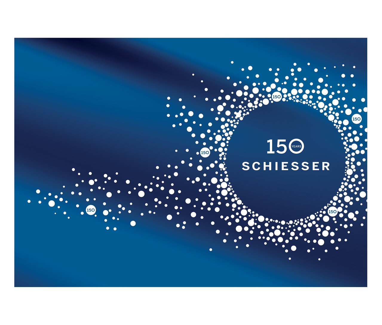 Das Bild zeigt einen blauen Hintergrund mit weißen Punkten und dem Text "150 Years SCHIESSER".