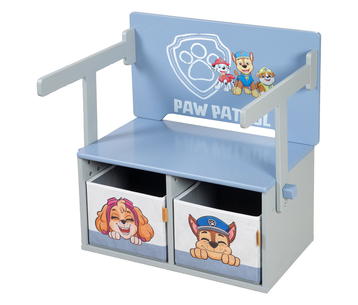 Blaues Paw Patrol Spielzeugregal mit zwei Aufbewahrungsboxen mit Skye und Chase.
