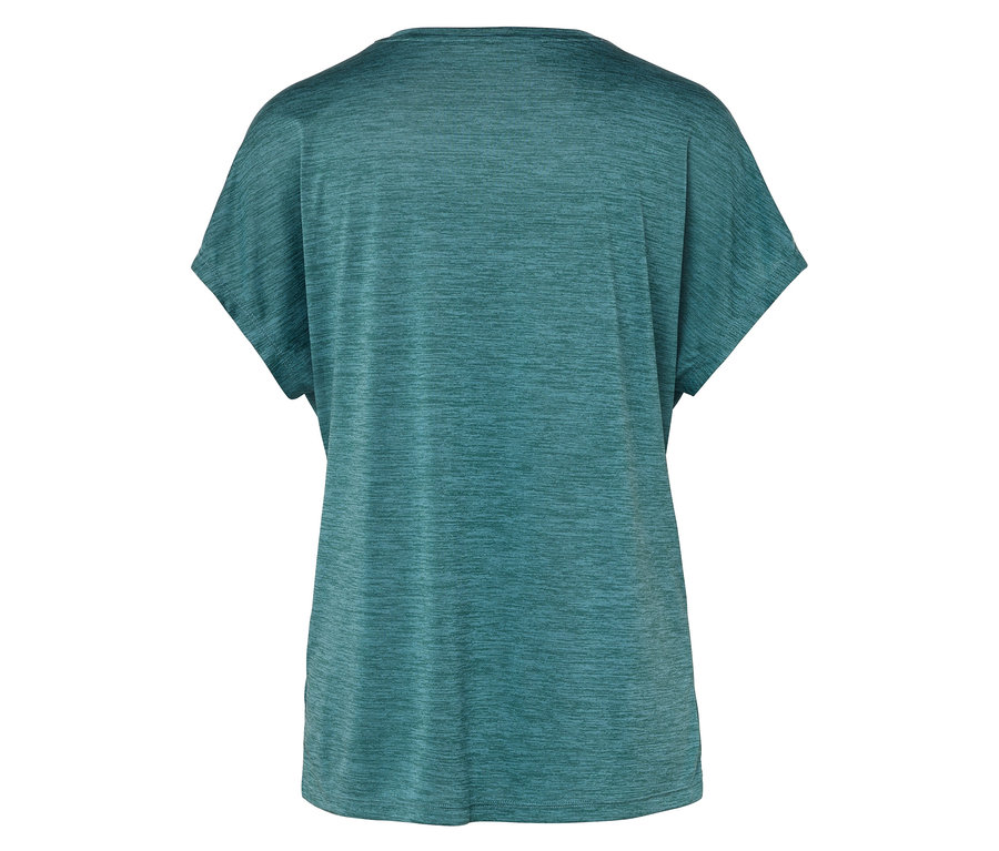 Rückansicht eines türkisfarbenen T-Shirts mit kurzen Ärmeln.