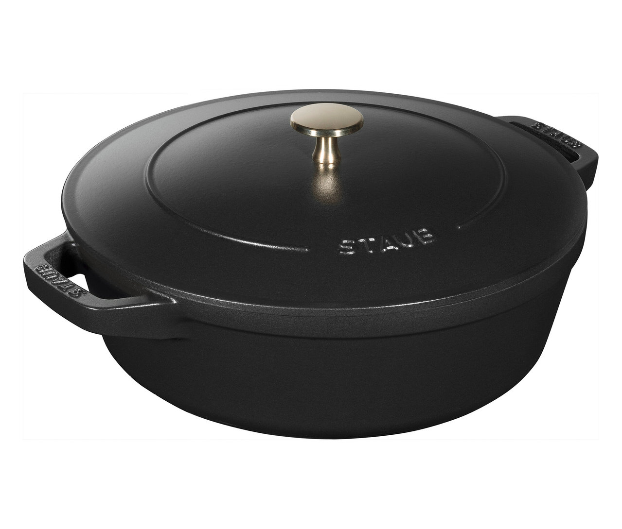 Schwarzer, runder STAUB Kochtopf »La Cocotte« mit Deckel und goldenem Knauf.