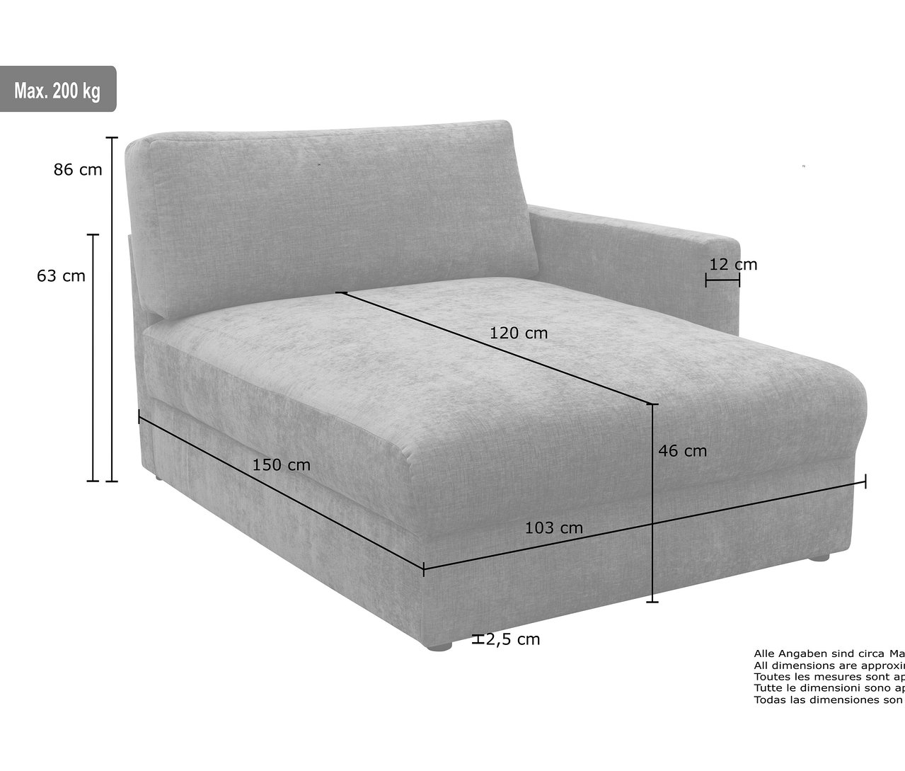 Maße des anthrazitfarbenen DOMO Longchairs »Sonderburg« links im Detail.