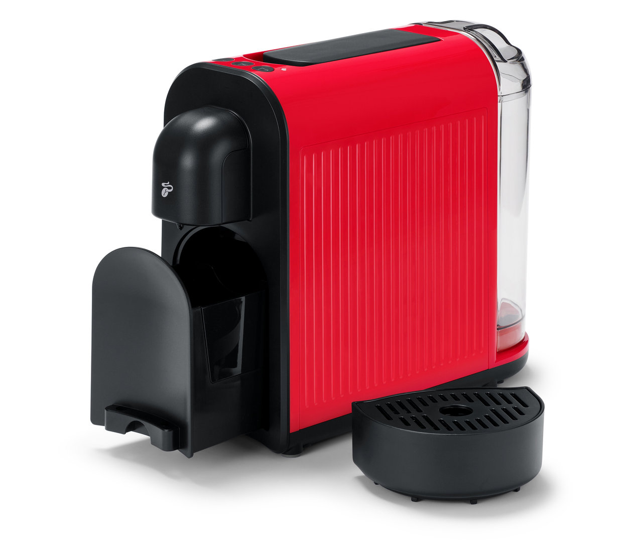 Die rote Cafissimo now red Kaffeemaschine mit abnehmbarem Abtropfbehälter steht auf einer weißen Oberfläche.