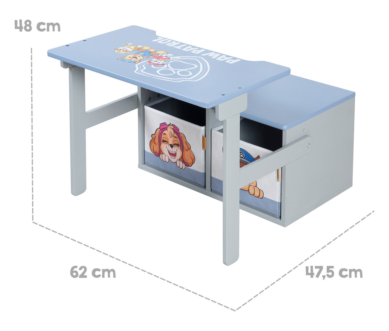 Blauer Kinderschreibtisch mit Paw Patrol-Motiv und zwei Aufbewahrungsboxen mit Skye- und Pfotenabdruck-Motiv.