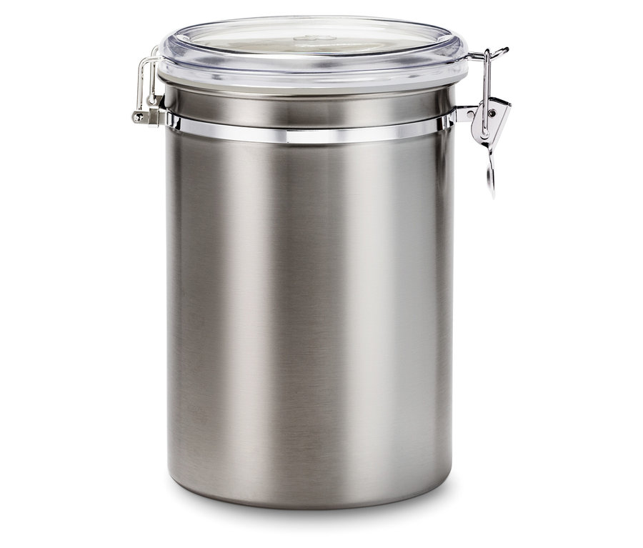 Eine Aromadose 1 kg, Edelstahl steht vor einem weißen Hintergrund.