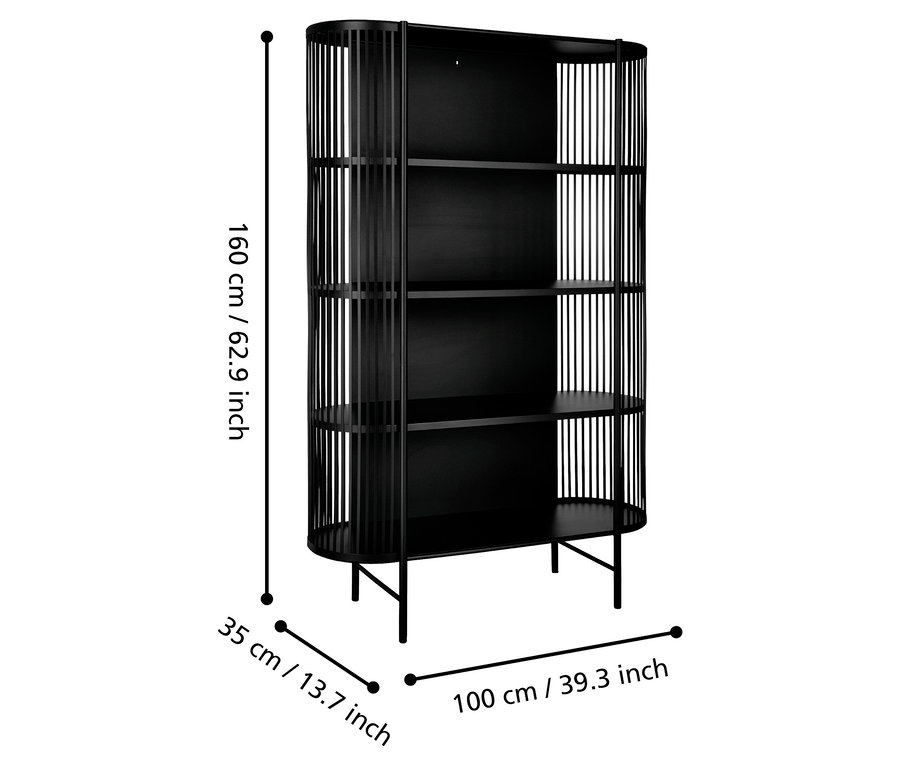 Abbildung eines schwarzen Bücherregals mit vier Regalböden und den Maßen 160 cm Höhe, 35 cm Tiefe und 100 cm Breite.