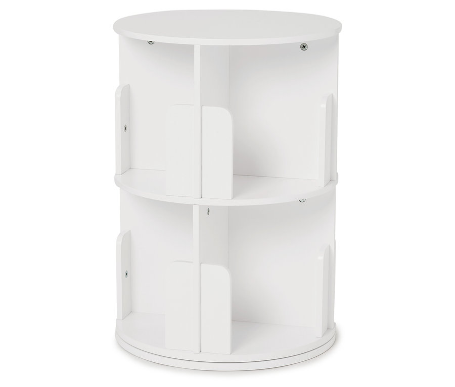 Ein weißes, rundes Bücherregal mit zwei Ebenen und mehreren Fächern.