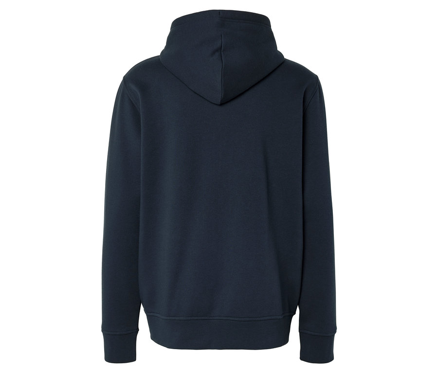 Rückansicht eines marineblauen Kapuzenpullovers mit Kapuze und langen Ärmeln.