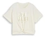 Ein cremefarbenes T-Shirt mit der Aufschrift "Love Rules Always" und einem Knoten vorne.
