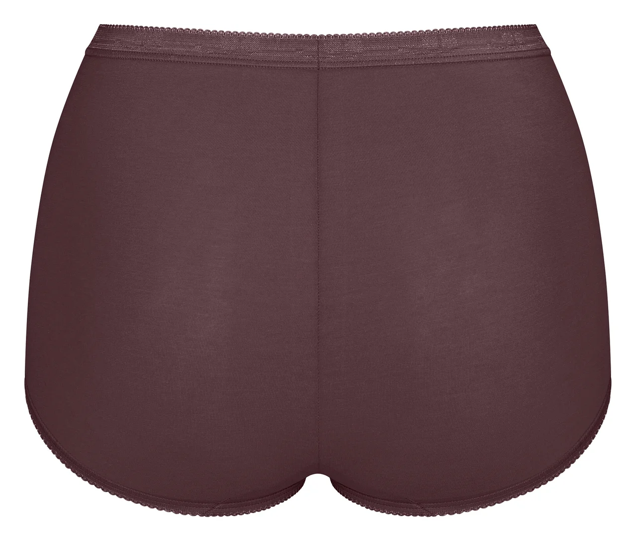 Rückansicht eines dunkelbraunen Slips mit hohem Bund und gewelltem Rand an Taille und Beinöffnungen.