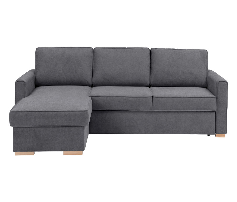 Graues Ecksofa mit Ottomane links und hellbraunen Füßen.