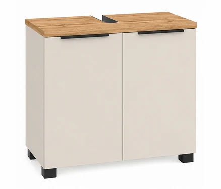 Rechteckiger Schrank mit hellbeigen Türen und einer hellen Holzplatte. Er hat zwei Türen mit schwarzen, horizontalen Griffen. Eine U-förmige Aussparung ist in der Mitte der Holzplatte sichtbar. Der Schrank steht auf vier kurzen, schwarzen, quadratischen Füßen.