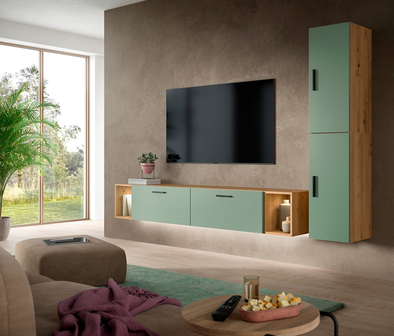 Modernes Wohnzimmer mit der grünen und holzfarbenen xonox Wohnkombination »Only« inklusive Beleuchtung, einem großen Fernseher, Sofa und Couchtisch.
