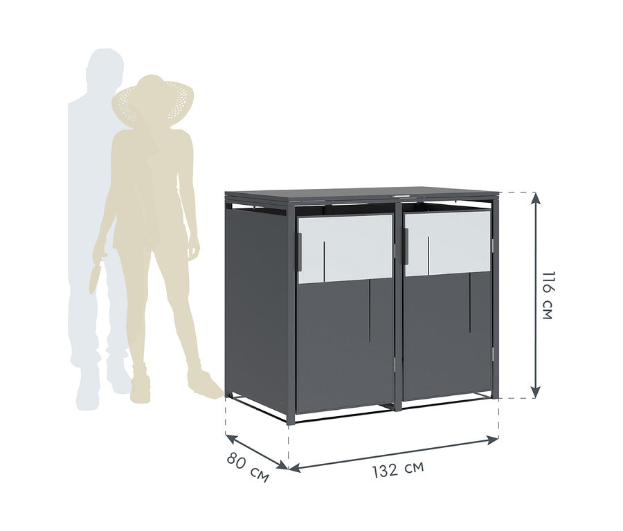 Graue Mülltonnenbox, 2er, mit Maßangaben und Silhouetten einer Person zum Größenvergleich.