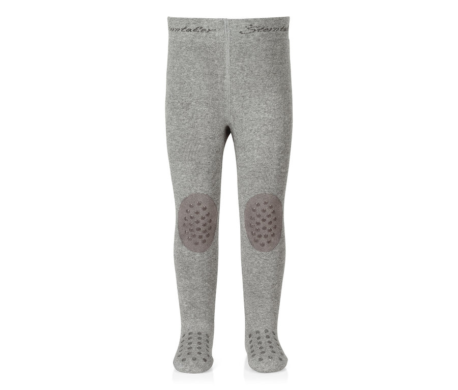 Graue Baby-Strumpfhose mit Rippenstruktur, mit dunkelgrauen Anti-Rutsch-Pads an Knien und Fußsohlen.