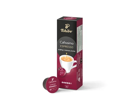Eine Packung Cafissimo Espresso kräftig mit 10 Kapseln steht neben einer einzelnen Kapsel.