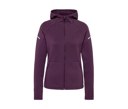 Lila Kapuzenjacke mit Reißverschluss und reflektierenden Details am Ärmel.