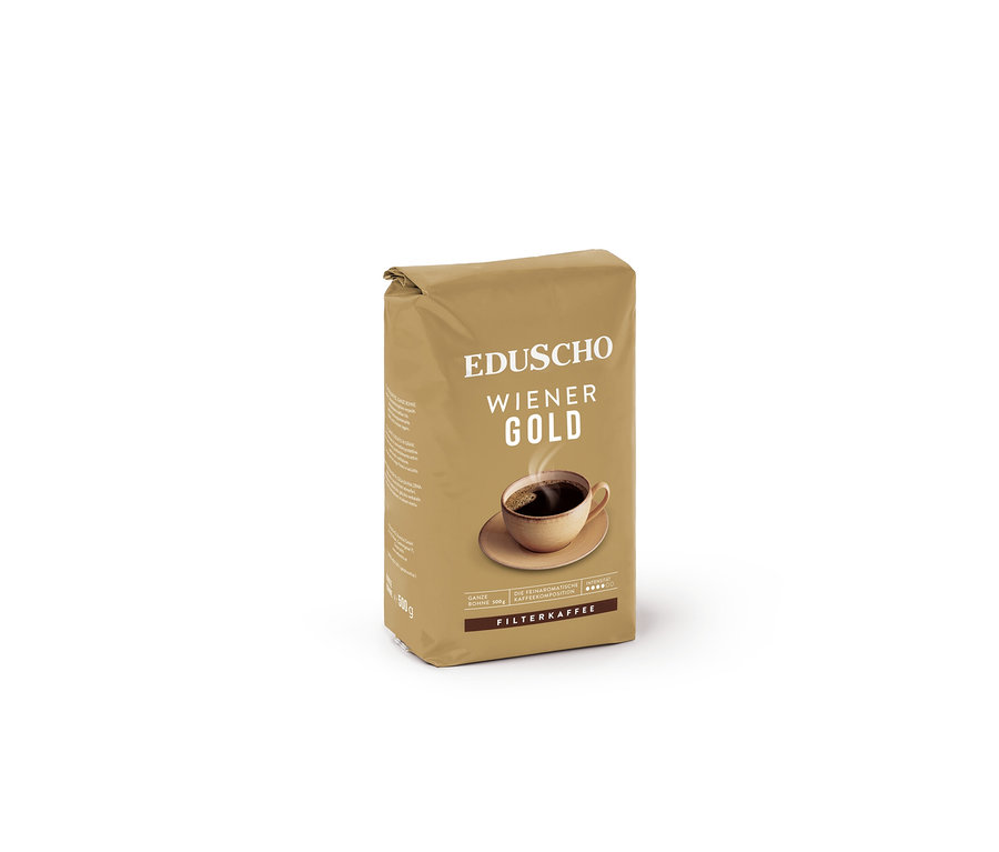 Eine Packung Eduscho Wiener Gold Kaffee mit einer Tasse Kaffee darauf.