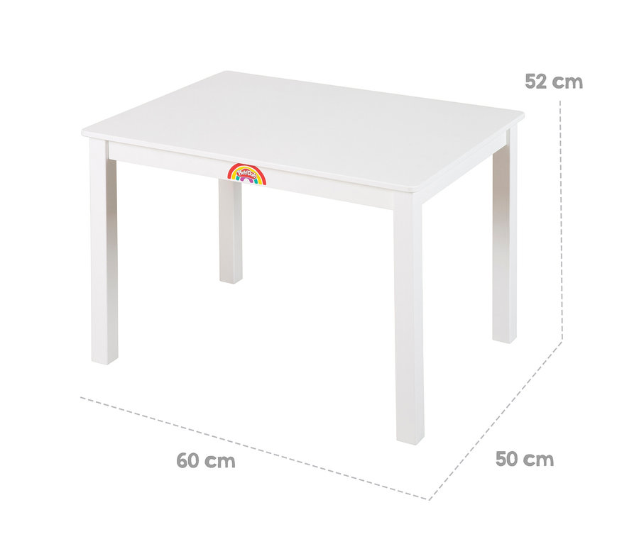 Weißer rechteckiger Tisch mit Play-Doh-Logo, Maße 52 cm hoch, 60 cm breit und 50 cm tief.
