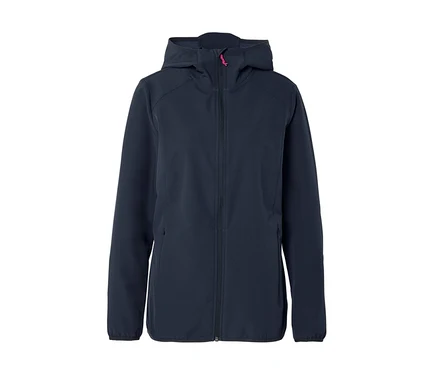 Dunkelblaue Softshelljacke mit Kapuze und pinkfarbenem Reißverschluss.
