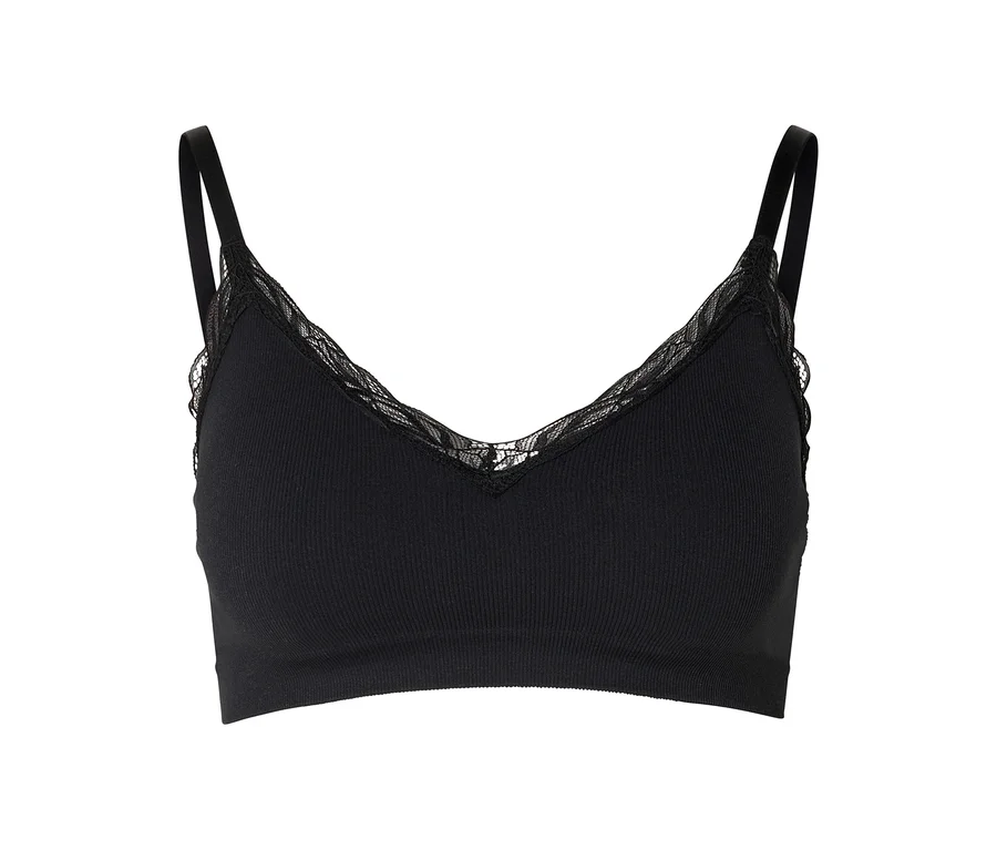 Schwarzes, geripptes Bralette mit Spaghettiträgern und Spitzenbesatz am V-Ausschnitt.