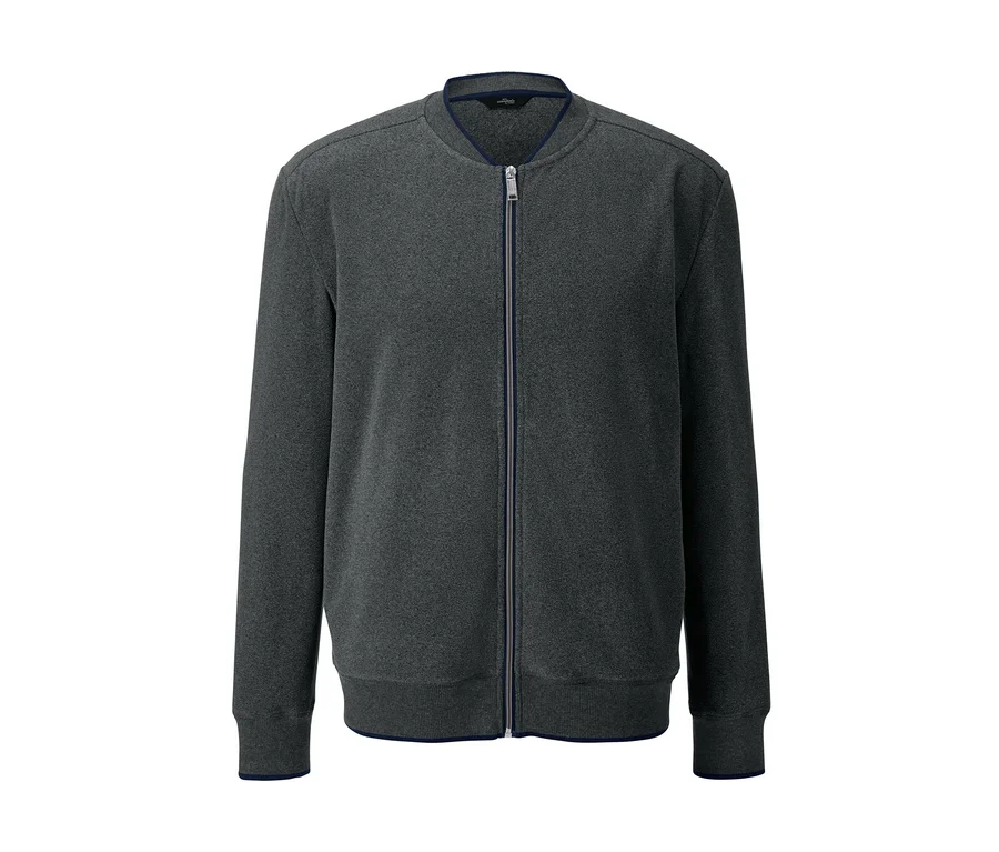 Grauer Fleece-Hausanzug mit durchgehendem Reißverschluss.