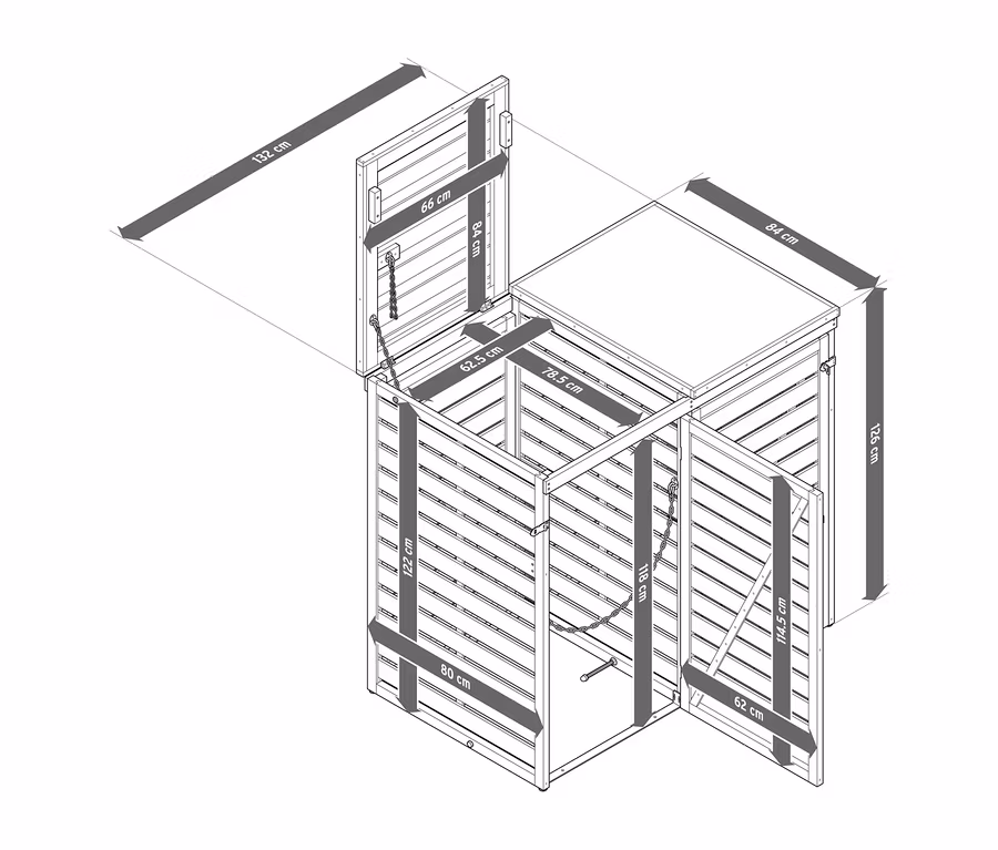 Diagramm einer 2er-Mülltonnenbox für 2x 240 l Mülltonnen. Die linke Seite ist offen mit hochgeklapptem Deckel und geöffneter Tür, die rechte Seite geschlossen. Maße sind angegeben.