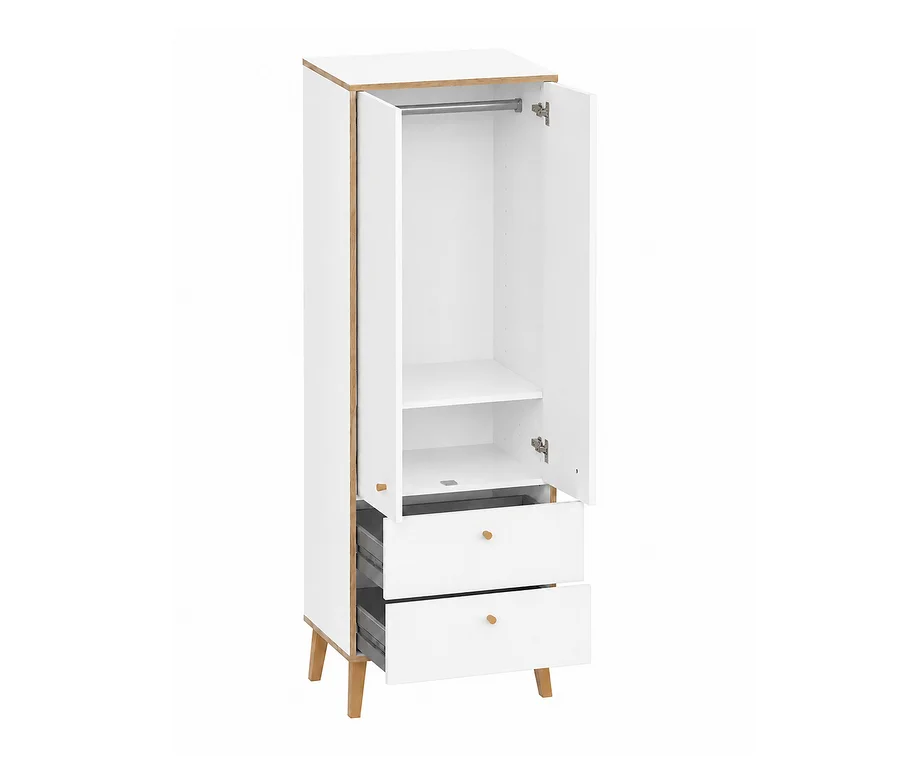 Weißer WS_Lucka Kleiderschrank mit heller Holzumrandung und Beinen; die Tür ist offen und zeigt eine Kleiderstange und ein Regal, die obere Schublade ist teilweise geöffnet.