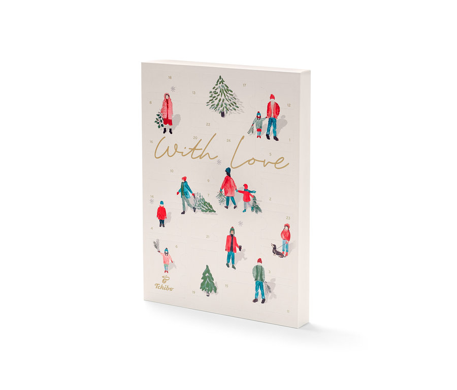 Detailansicht eines Tchibo Adventskalenders mit gezeichneten Wintermotiven.